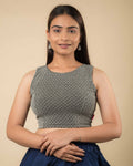 Shimona Black Silver Zari Brocade Sleeveless Round Neck Blouse Advi