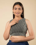 Shimona Black Silver Banarasi Zari Stretch Sleeveless Blouse by Advi