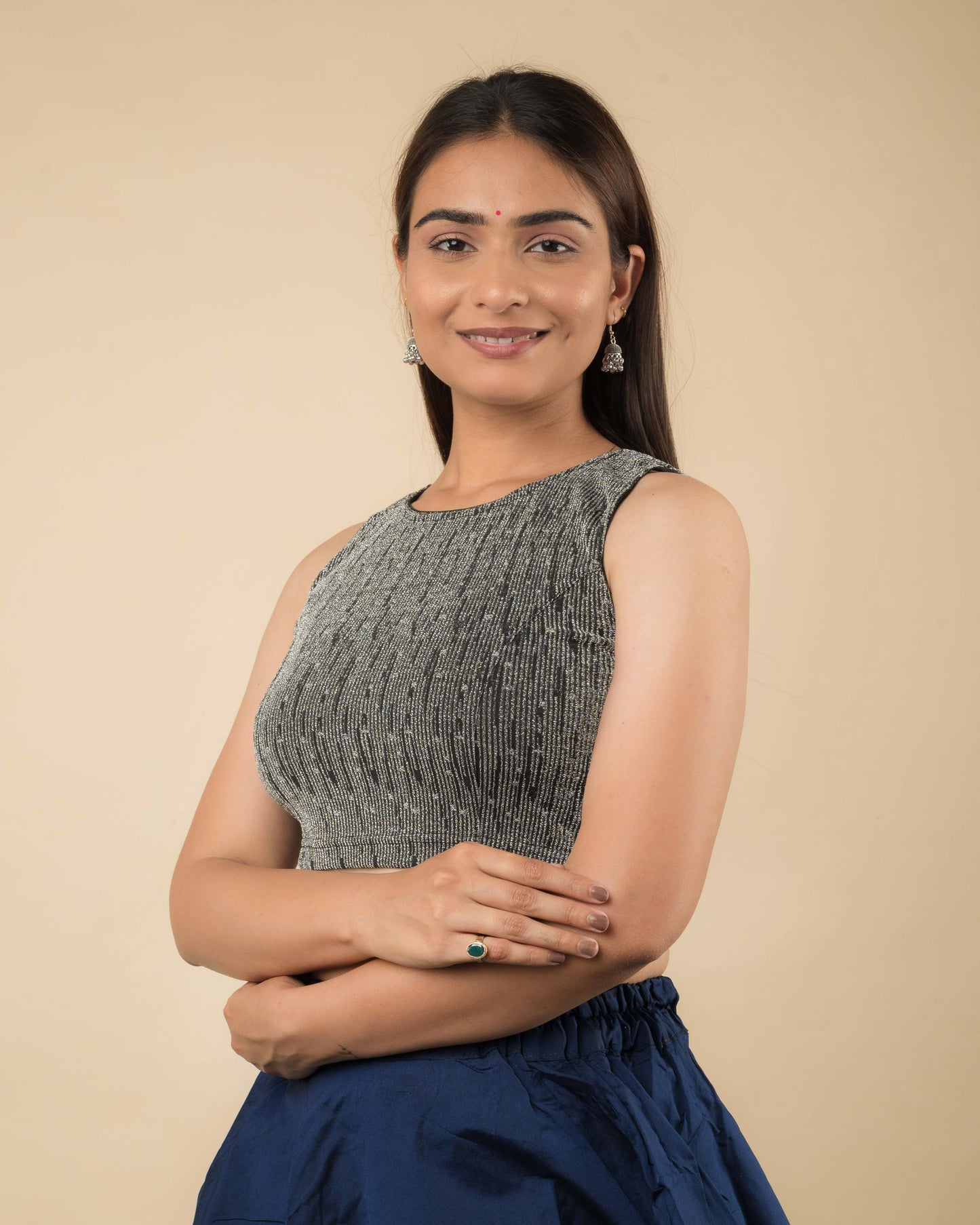 Shimona Black Silver Banarasi Zari Stretch Sleeveless Blouse by Advi