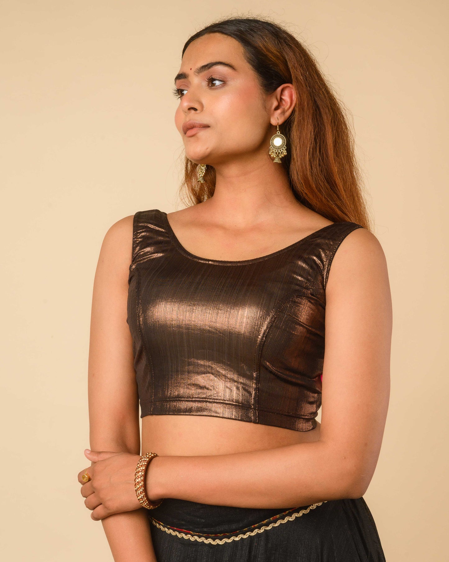 Oorfi Copper Metallic Shimmer Sleeveless Stretchable Saree Blouse Advi