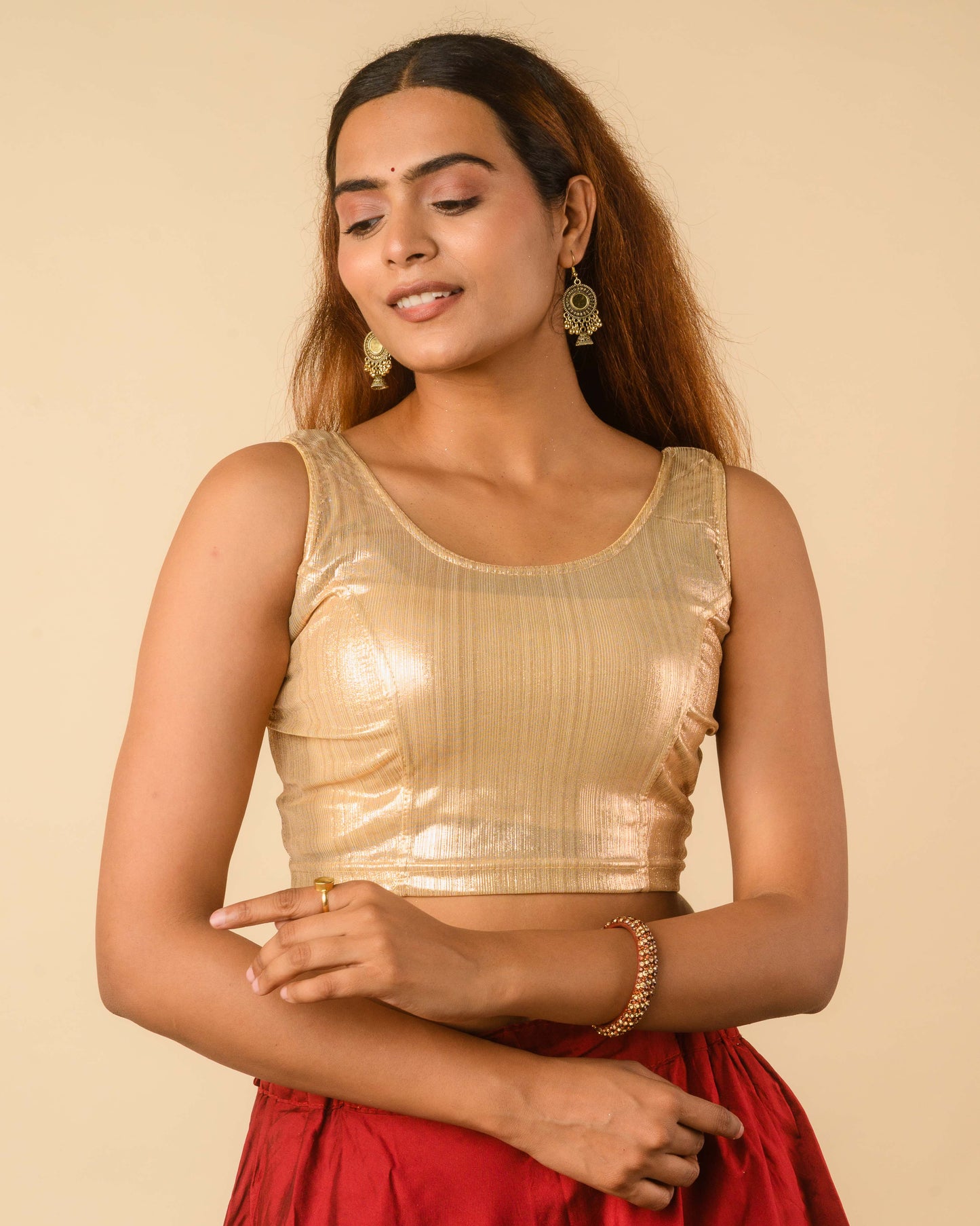 Oorfi Gold Metallic Shimmer Sleeveless Stretchable Saree Blouse Advi