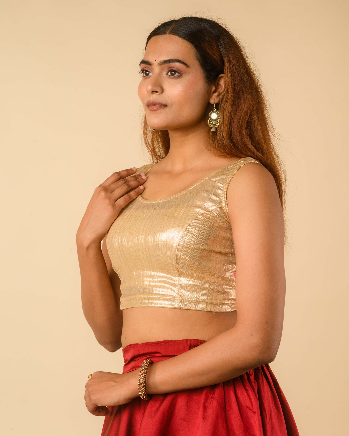 Oorfi Gold Metallic Shimmer Sleeveless Stretchable Saree Blouse Advi