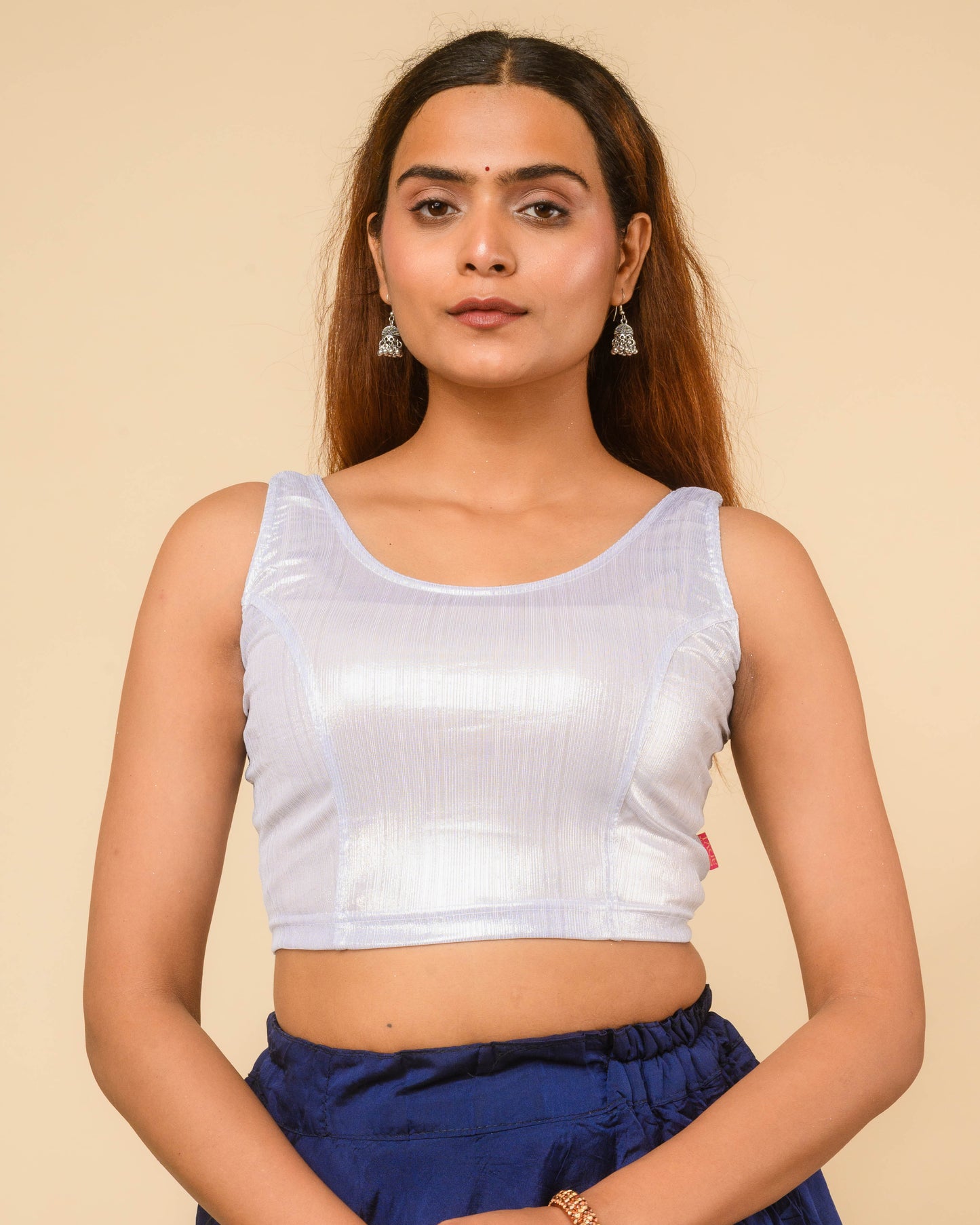 Oorfi Silver Metallic Shimmer Sleeveless Stretchable Saree Blouse Advi