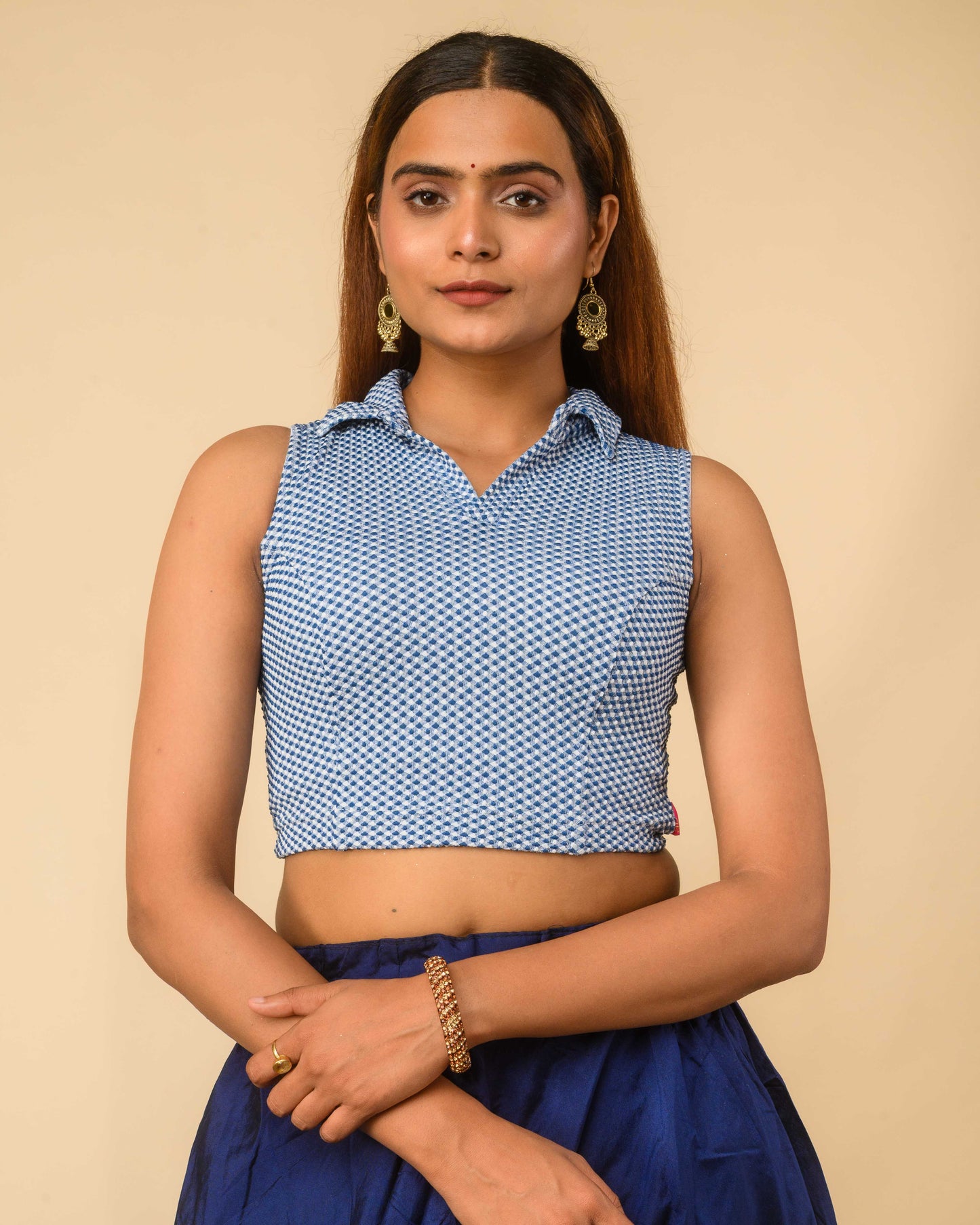 Daftar Blue Gingham Sleeveless Stretchable Saree Blouse Advi