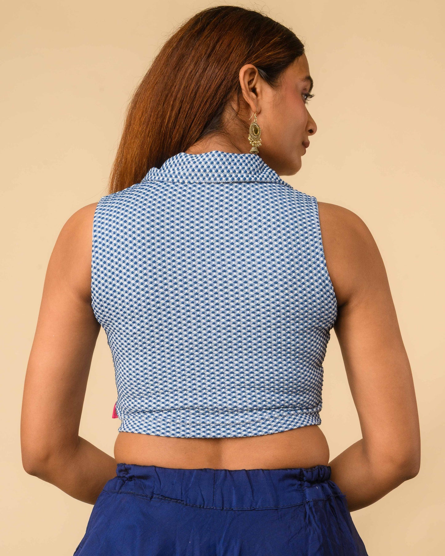 Daftar Blue Gingham Sleeveless Stretchable Saree Blouse Advi