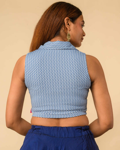 Daftar Blue Gingham Sleeveless Stretchable Saree Blouse Advi
