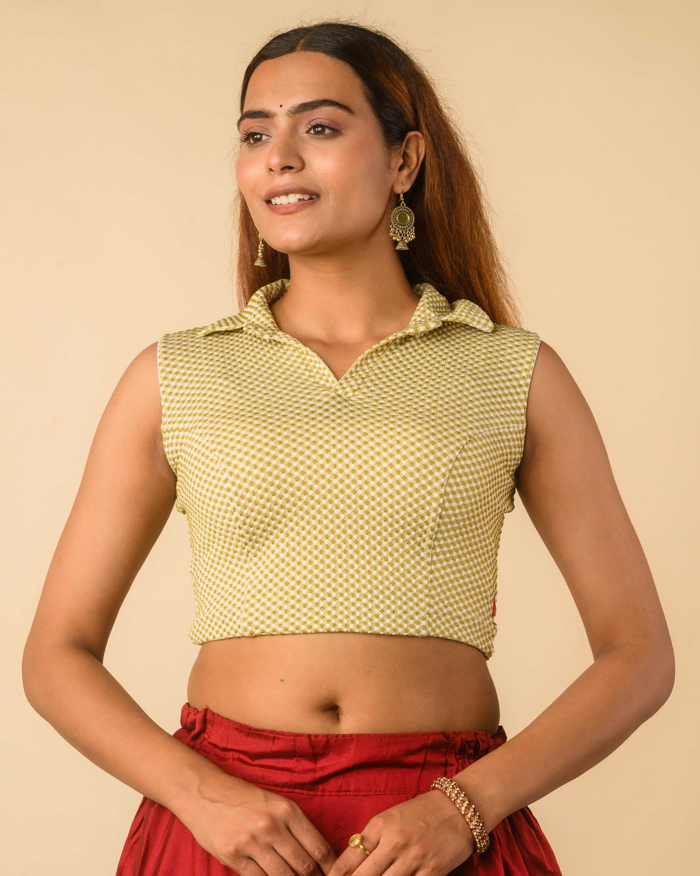 Daftar Green Gingham Sleeveless Stretchable Saree Blouse Advi