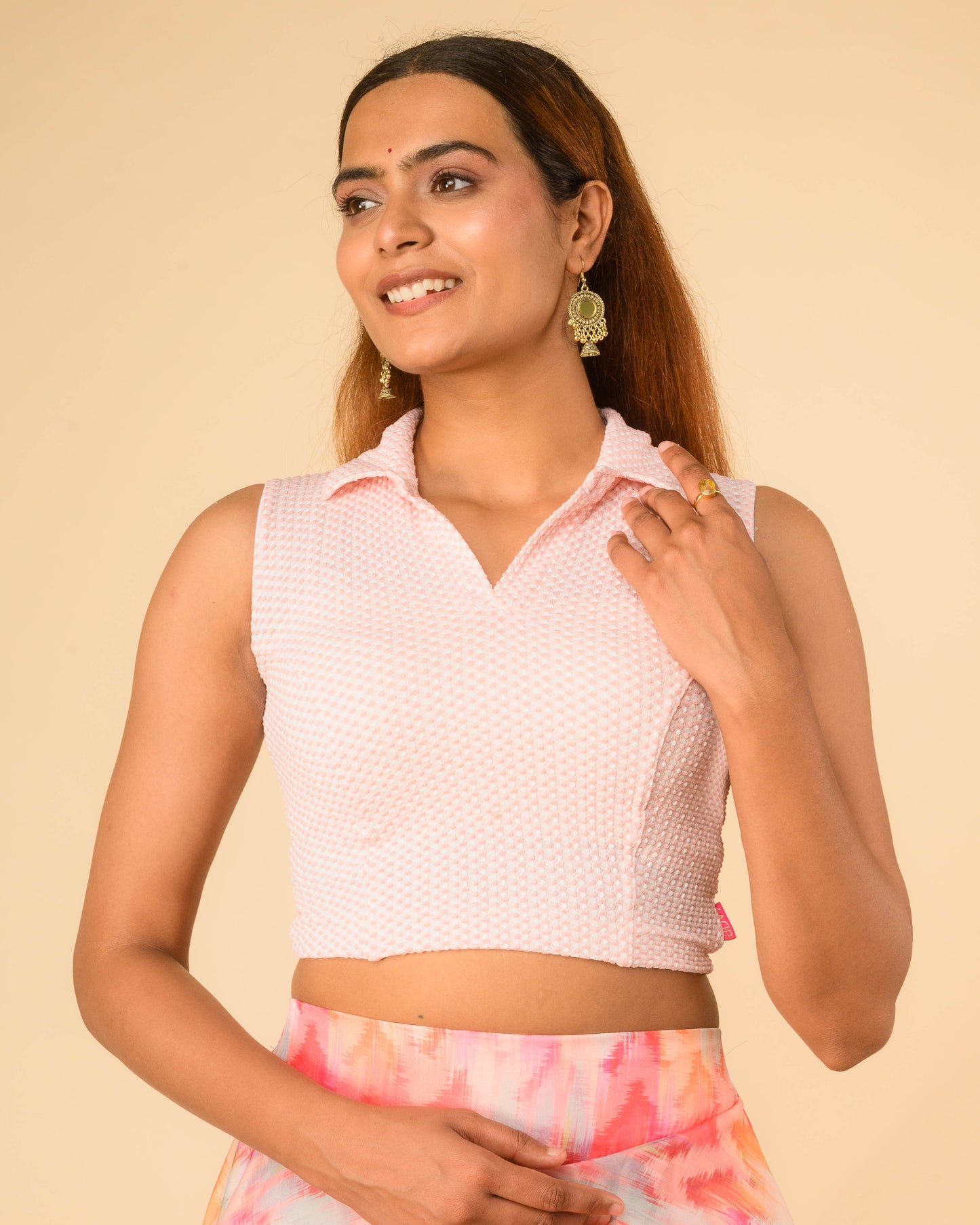 Daftar Pink Gingham Sleeveless Stretchable Saree Blouse Advi