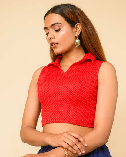 Daftar Red Gingham Sleeveless Stretchable Saree Blouse Advi