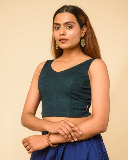 Vidya Green Solid Textured Jacquard Readymade Saree Blouse – Stretchable, Women’s Designer Blouse – Advi