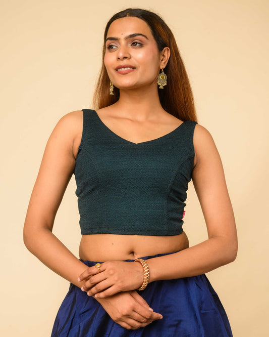 Vidya Green Solid Textured Jacquard Readymade Saree Blouse – Stretchable, Women’s Designer Blouse – Advi