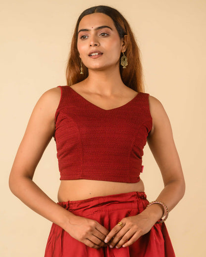Vidya Maroon Solid Textured Jacquard Readymade Saree Blouse – Stretchable Blouse – Advi