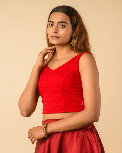 Vidya Red Solid Textured Jacquard Readymade Saree Blouse – Stretchable Blouse – Advi