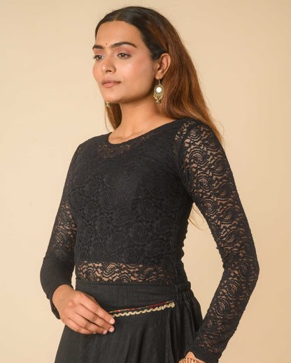Maria Black Lace Long Sleeve Readymade Saree Blouse – Advi set of 2