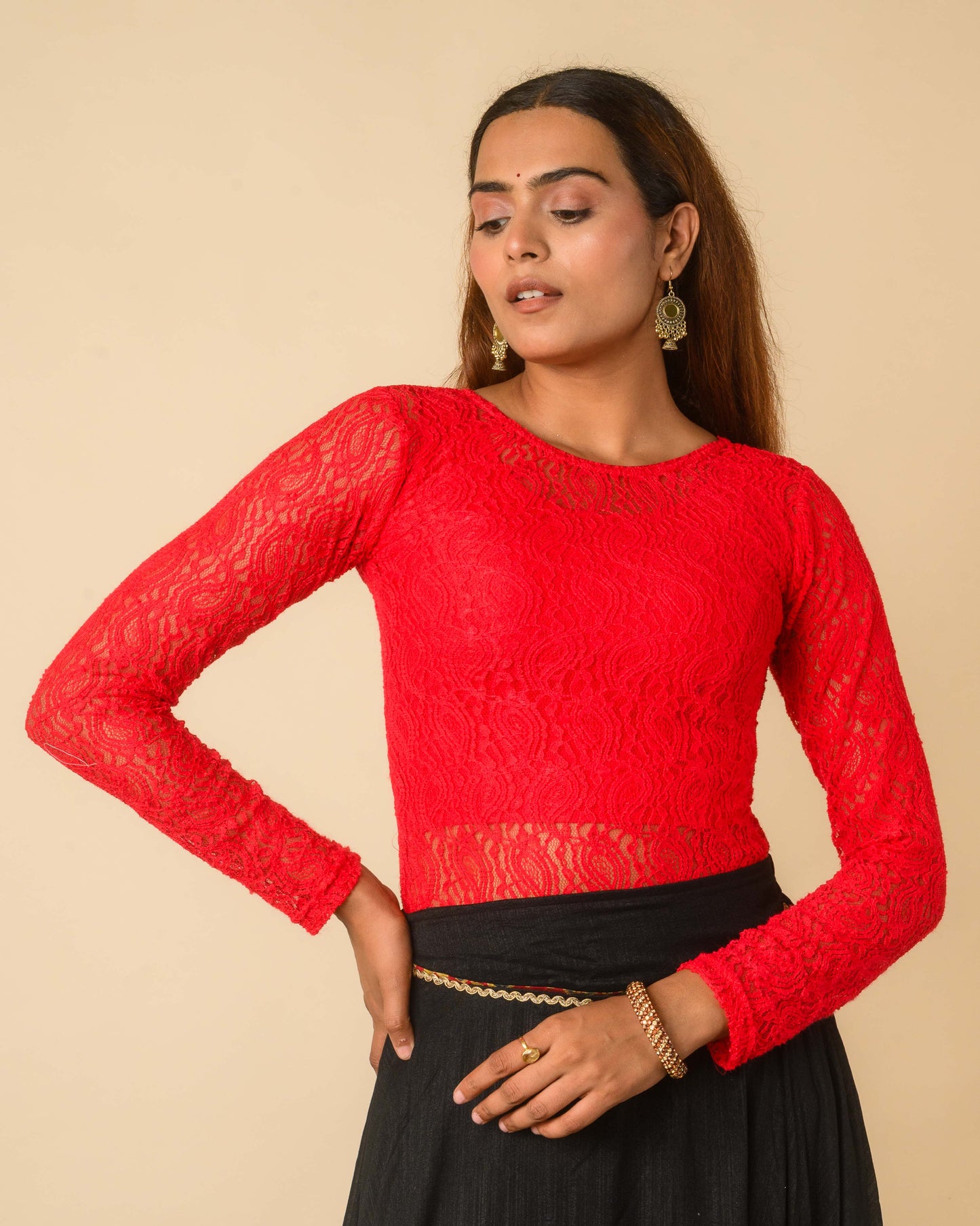 Maria Red Lace Long Sleeve Readymade Saree Blouse – Advi set of 2