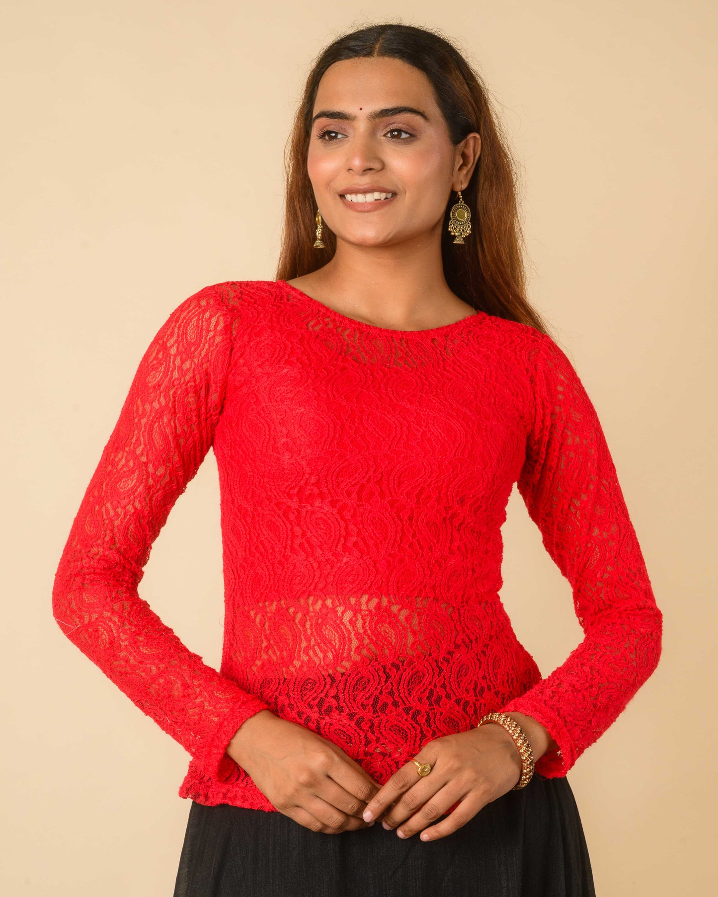 Maria Red Lace Long Sleeve Readymade Saree Blouse – Advi set of 2
