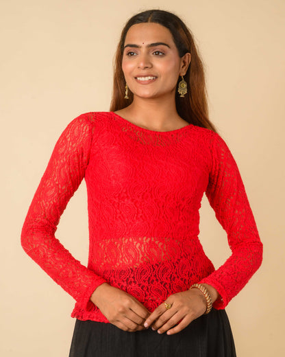 Maria Red Lace Long Sleeve Readymade Saree Blouse – Advi set of 2