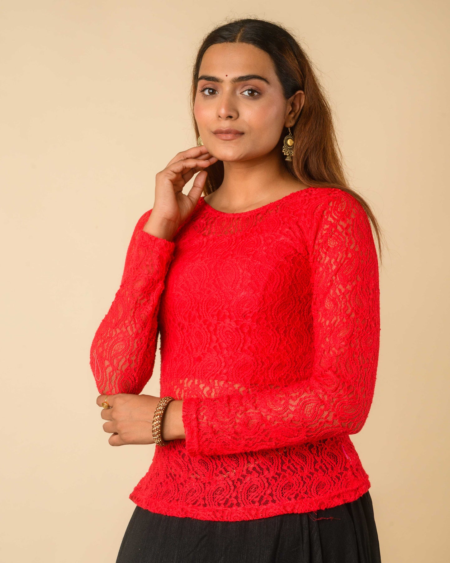 Maria Red Lace Long Sleeve Readymade Saree Blouse – Advi set of 2