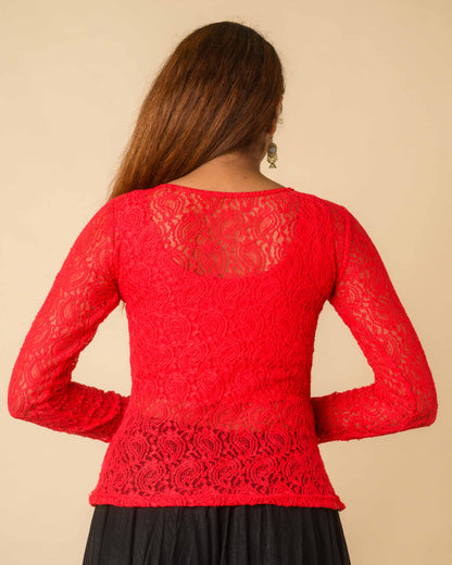 Maria Red Lace Long Sleeve Readymade Saree Blouse – Advi set of 2
