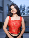 Padma Red Bandhej Corset Saree Blouse with Square Neckline Advi