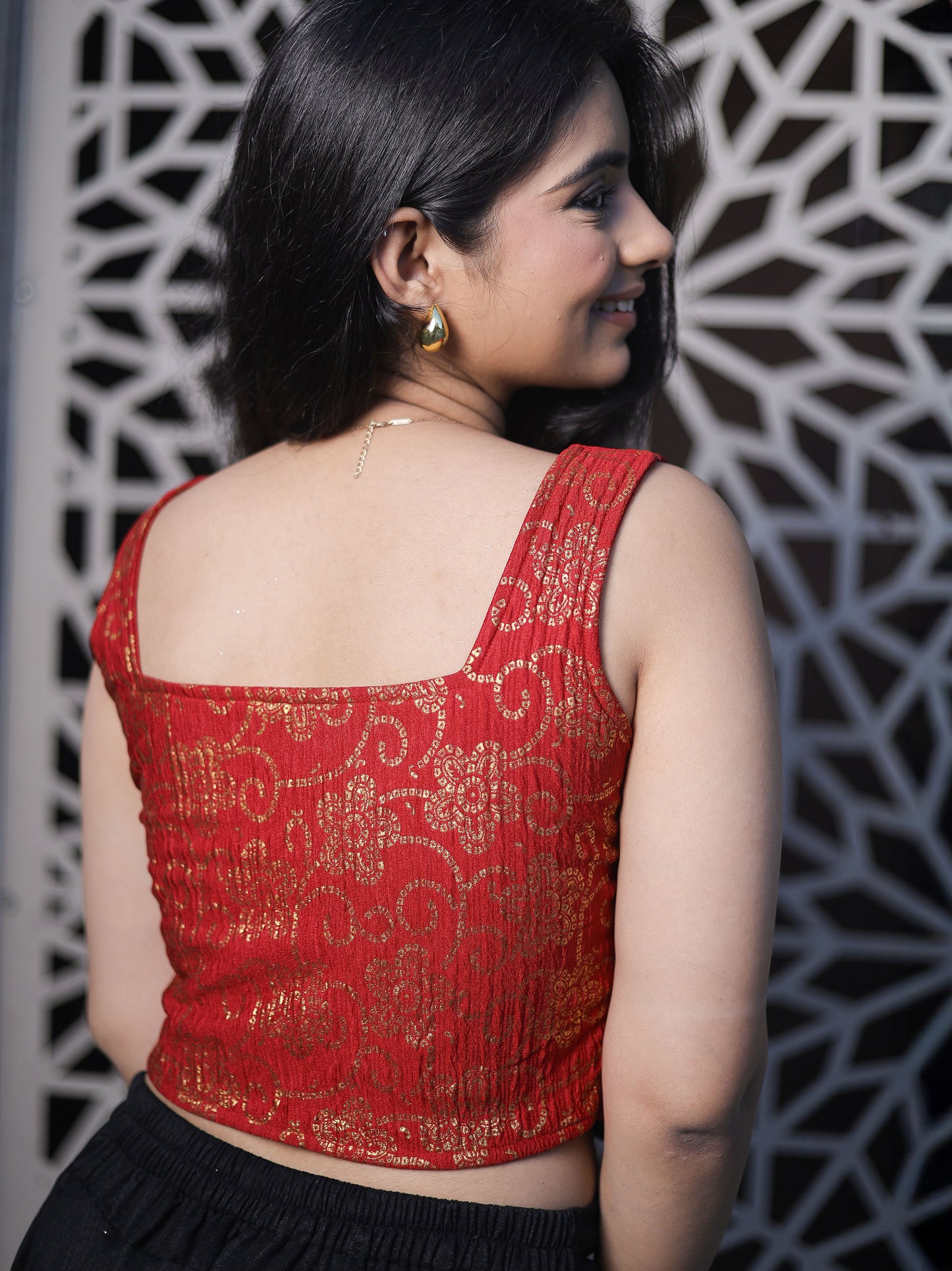 Padma Maroon Bandhej Corset Saree Blouse with Square Neckline Advi