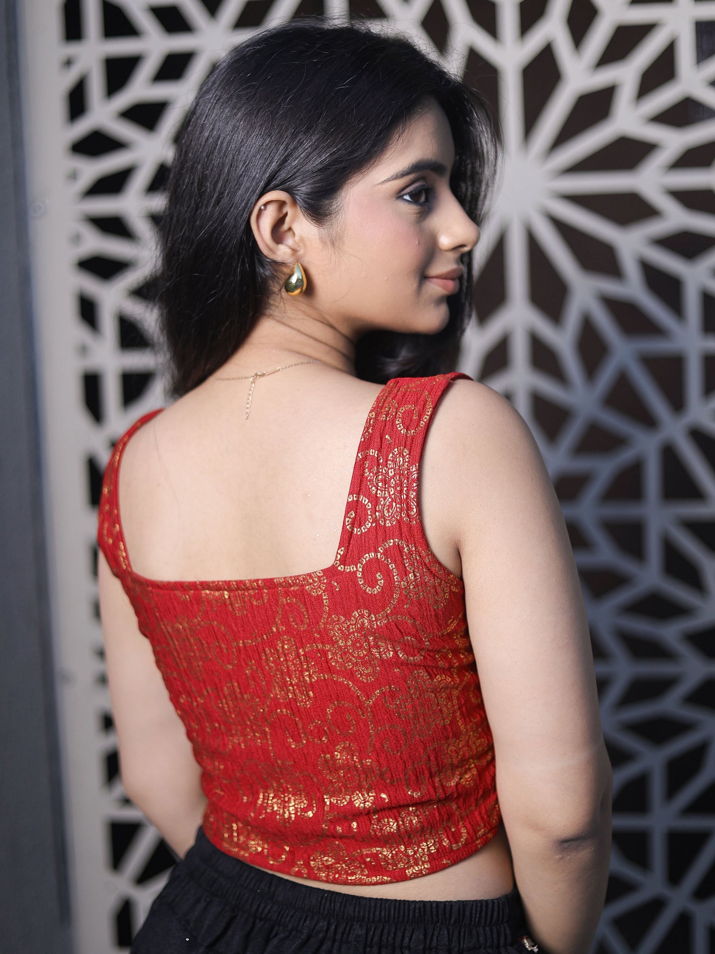 Padma Maroon Bandhej Corset Saree Blouse with Square Neckline Advi