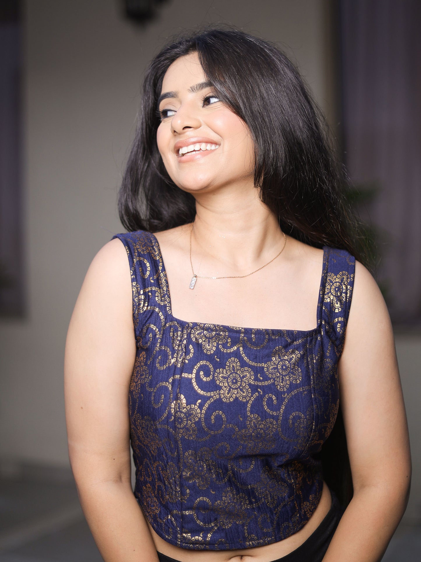 Padma Navy Blue Bandhej Corset Saree Stretchable Blouse with Square Neckline Advi | Readymade