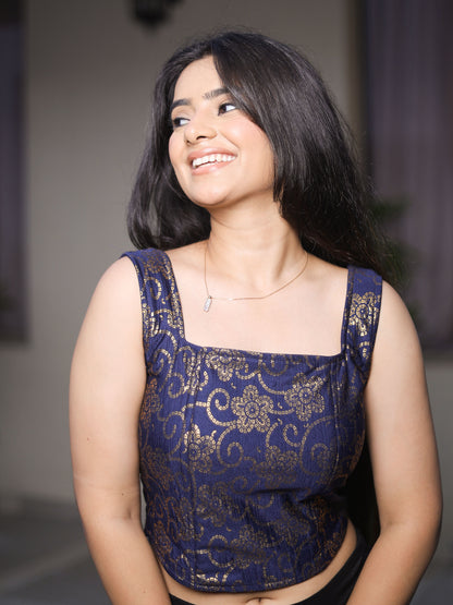 Padma Navy Blue Bandhej Corset Saree Stretchable Blouse with Square Neckline Advi | Readymade