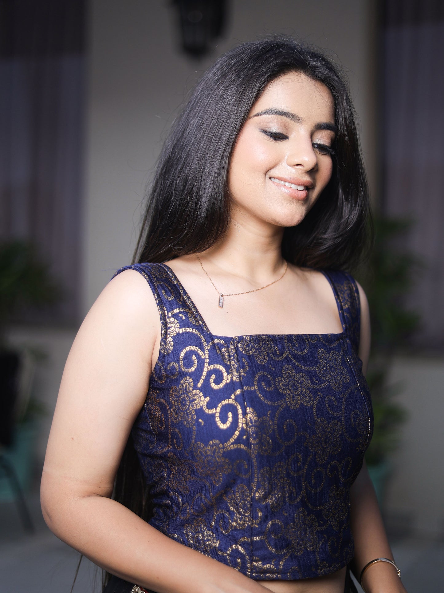 Padma Navy Blue Bandhej Corset Saree Stretchable Blouse with Square Neckline Advi | Readymade
