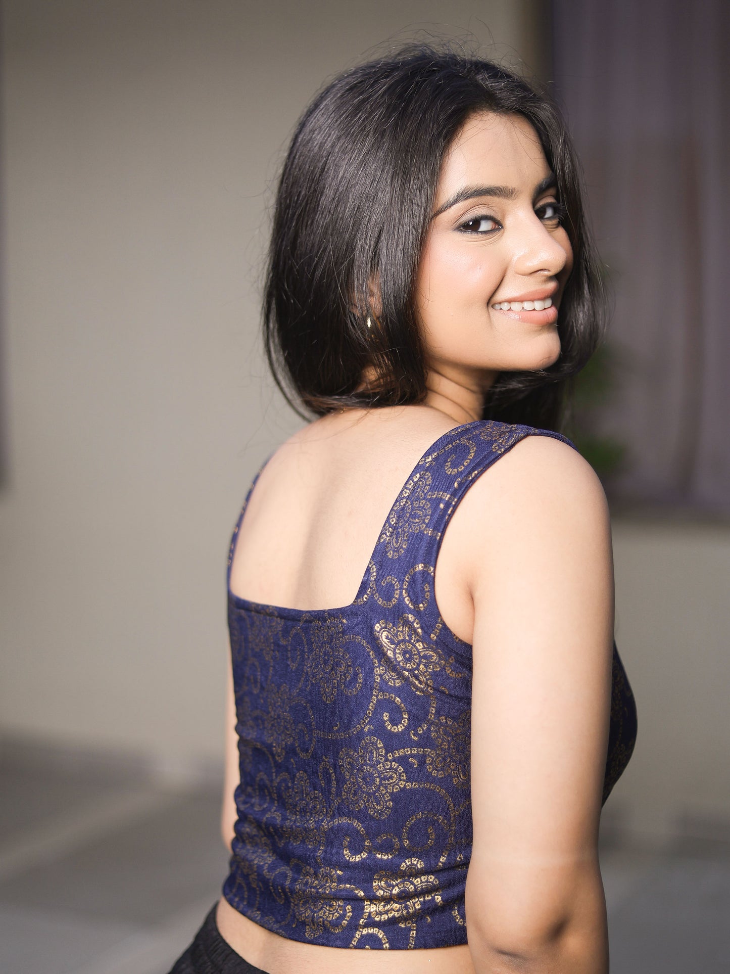 Padma Navy Blue Bandhej Corset Saree Stretchable Blouse with Square Neckline Advi | Readymade