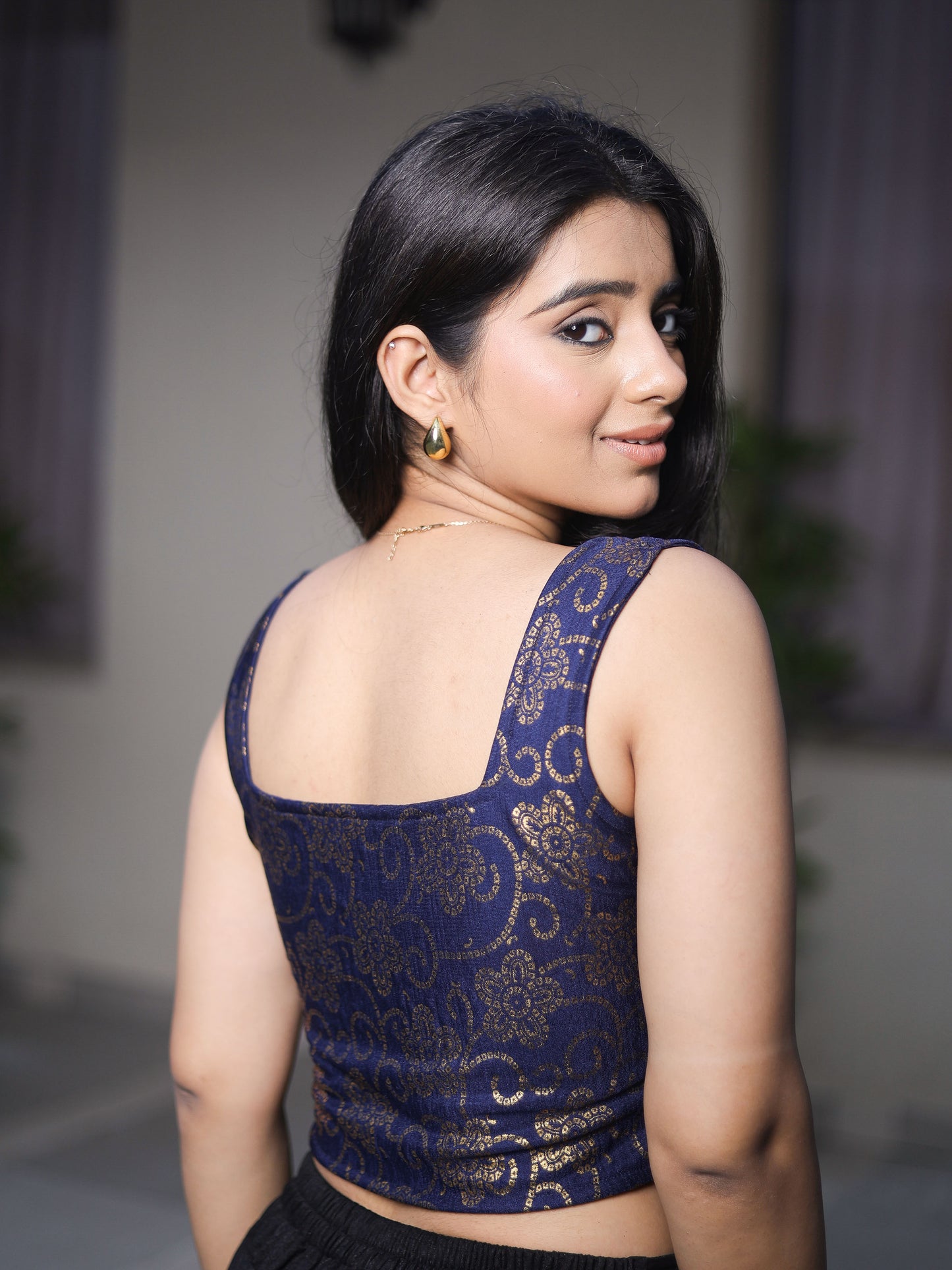 Padma Navy Blue Bandhej Corset Saree Stretchable Blouse with Square Neckline Advi | Readymade