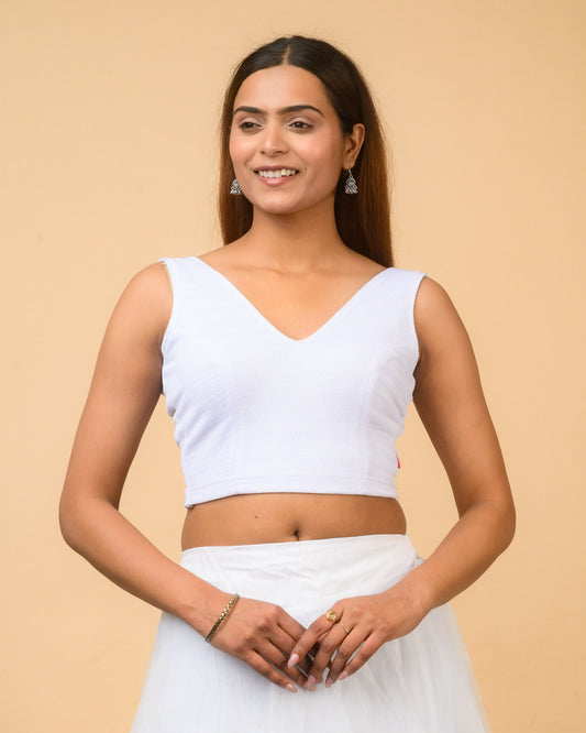 Sumti White V-Neck Sleeveless Blouse with Pads