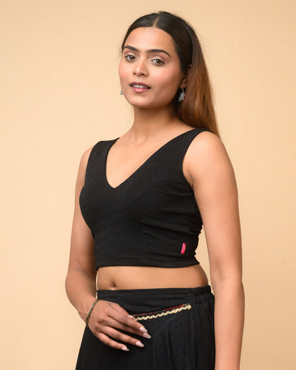 Sumti Black V-Neck Sleeveless Blouse with Removable Pads