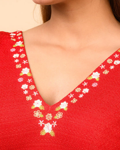 Sameera Red V-Neck Embroidered Sleeveless Saree Blouse with Removable Pads Advi