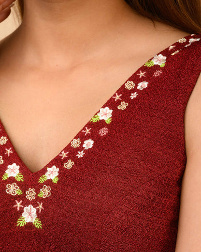 Sameera Maroon V-Neck Embroidered Sleeveless Saree Blouse with Removable Pads Advi