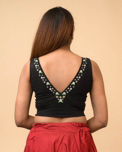 Sameera Black V-Neck Embroidered Sleeveless Saree Blouse with Removable Pads Advi