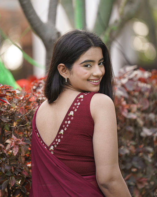 Sameera Maroon V-Neck Embroidered Sleeveless Saree Blouse with Removable Pads Advi