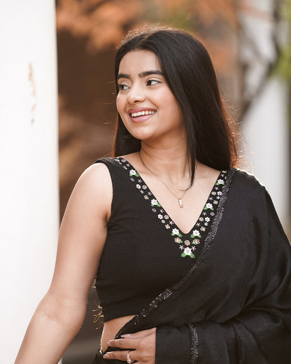 Sameera Black V-Neck Embroidered Sleeveless Saree Blouse with Removable Pads Advi