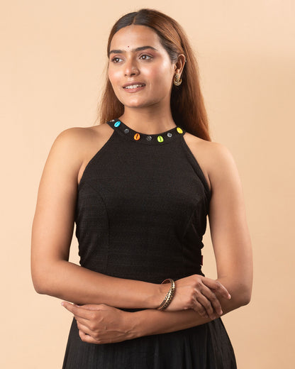Gauri Black Cowrie Halter Neck Stretchable Blouse