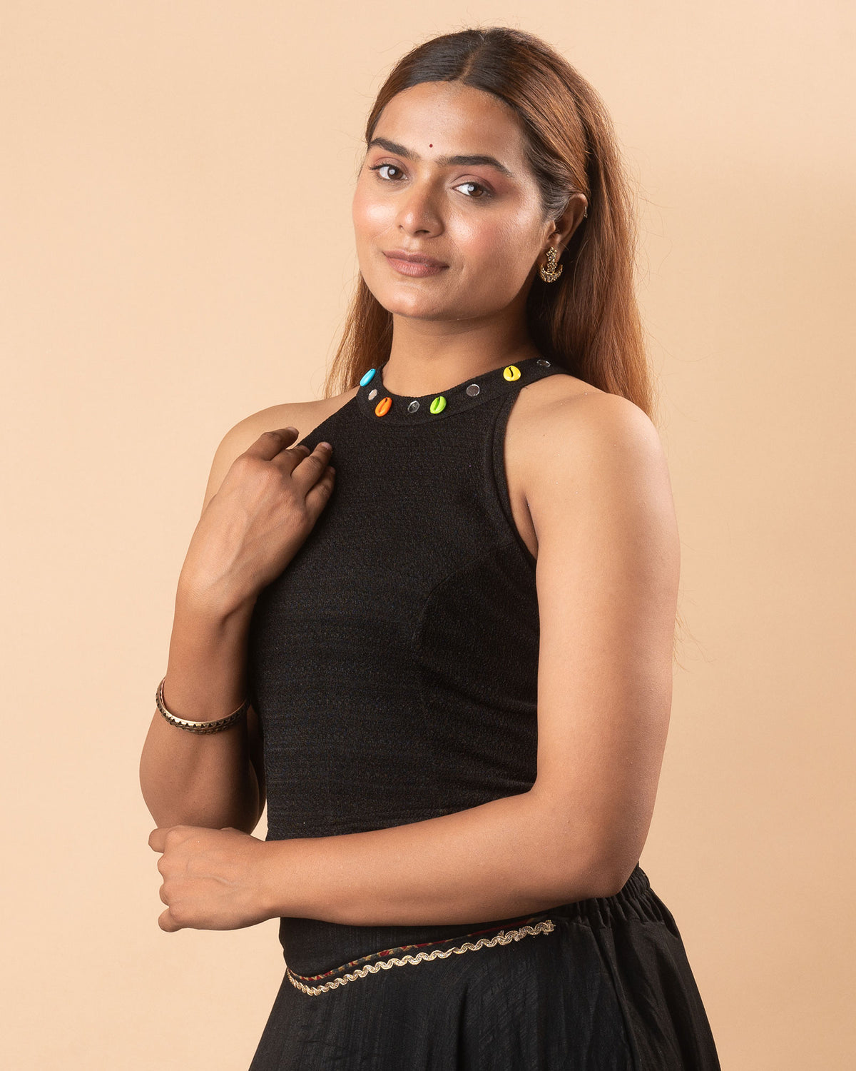 Gauri Black Cowrie Halter Neck Stretchable Blouse