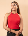 Gauri Red Cowrie Halter Neck Stretchable Blouse
