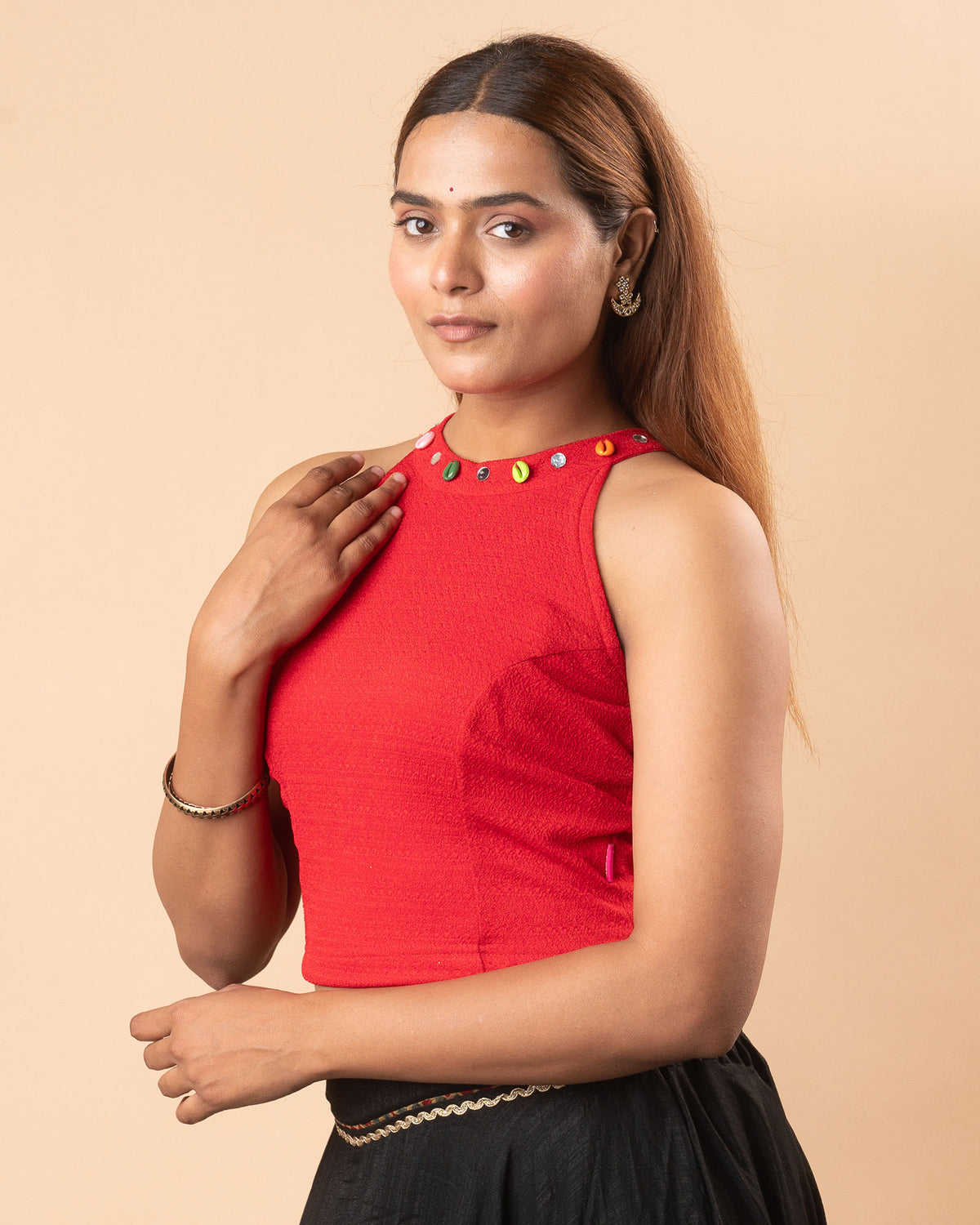 Gauri Red Cowrie Halter Neck Stretchable Blouse