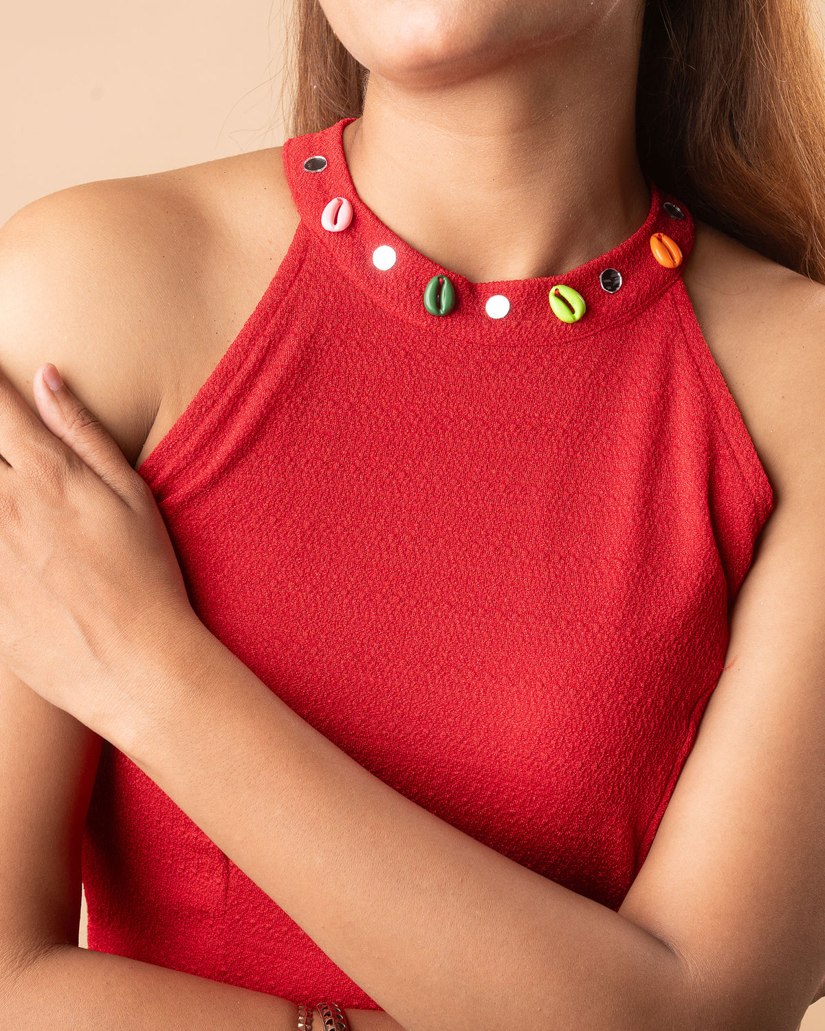 Gauri Red Cowrie Halter Neck Stretchable Blouse