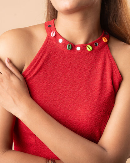 Gauri Red Cowrie Halter Neck Stretchable Blouse