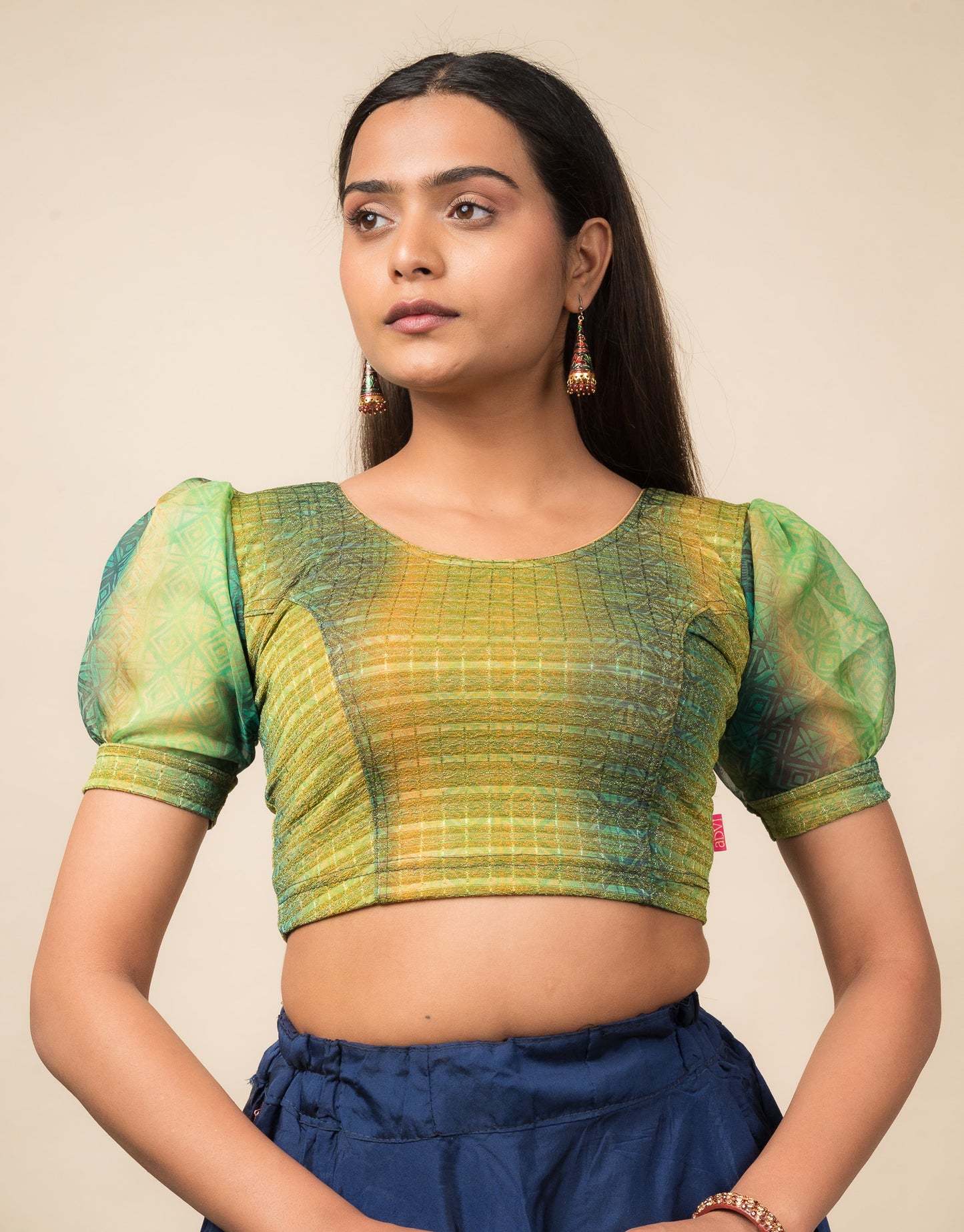 Kohima Multicolour Print Organza Puff Sleeve Stretchable Slip On Blouse