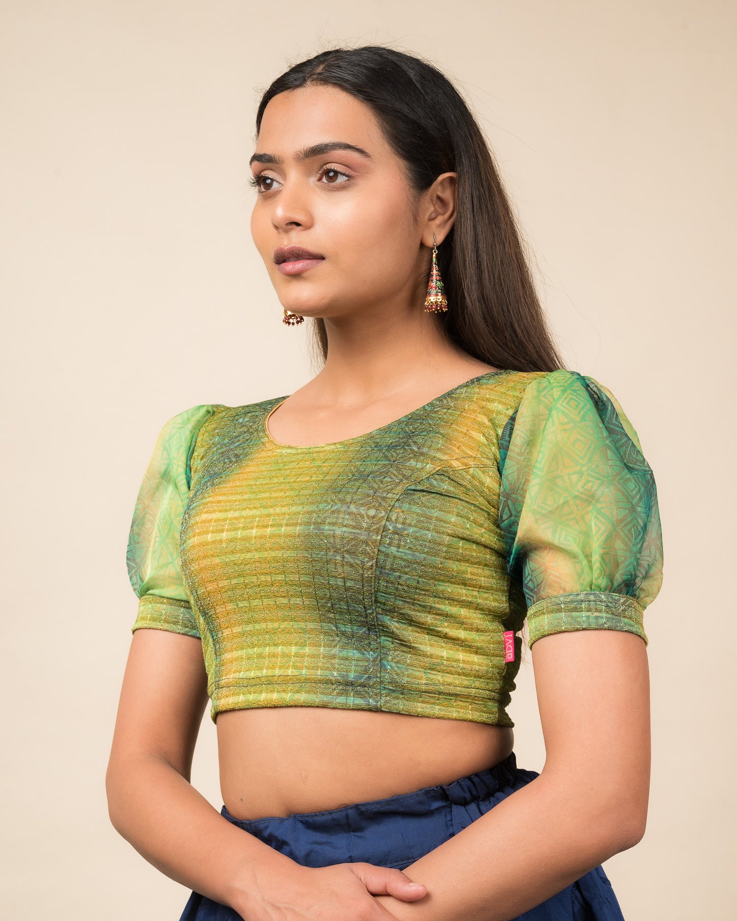 Kohima Multicolour Print Organza Puff Sleeve Stretchable Slip On Blouse