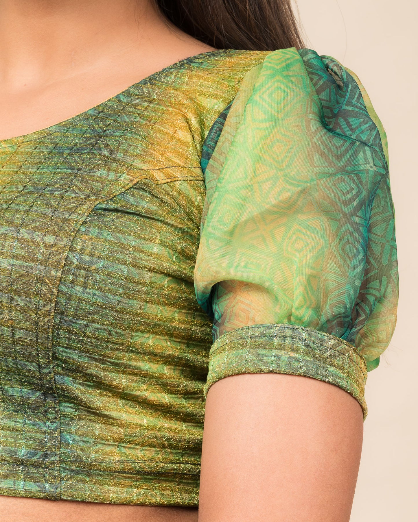 Kohima Multicolour Print Organza Puff Sleeve Stretchable Slip On Blouse