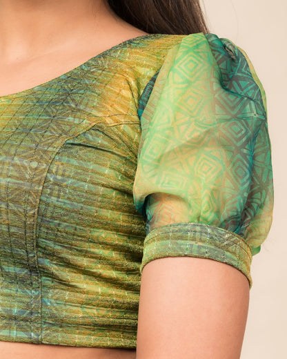 Kohima Multicolour Print Organza Puff Sleeve Stretchable Slip On Blouse