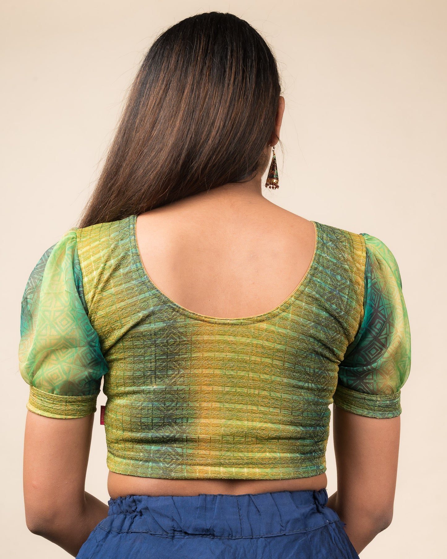 Kohima Multicolour Print Organza Puff Sleeve Stretchable Slip On Blouse