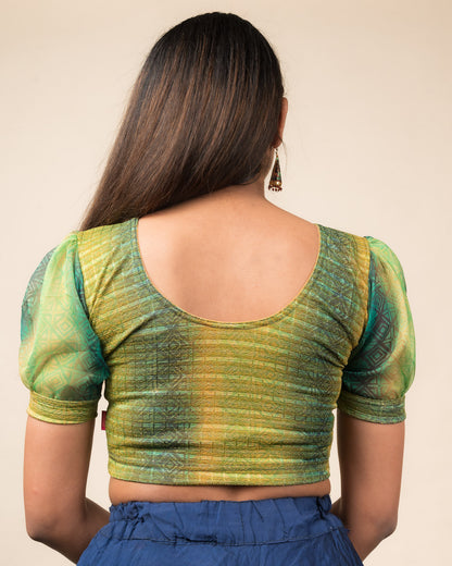 Kohima Multicolour Print Organza Puff Sleeve Stretchable Slip On Blouse